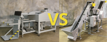 A side-by-side image of a cross-cut industrial shredding and a particle-cut industrial shredder