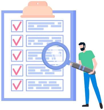 Cartoon-style image of a person studying a checklist with a giant magnifying glass.