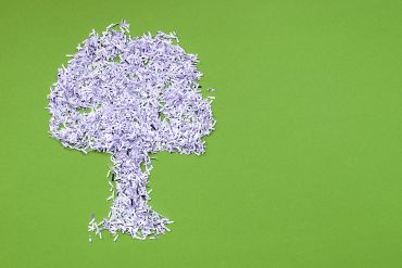 Tree shape made from shredded white paper on green background