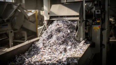 Shredded paper waste moving on an industrial conveyor belt.